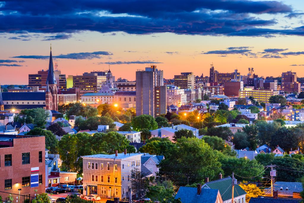 Portland, Maine skyline at sunset — home of Keeley Electrical Contractors headquarters
