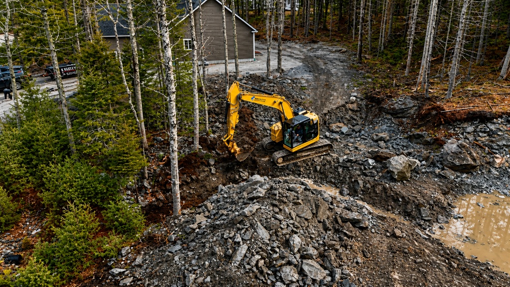Keeley excavator performing commercial site work in Maine