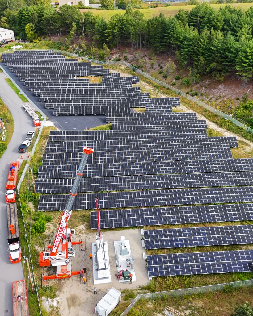 Aerial view of the Knox Trail Solar and Storage Facility in Maine — utility-scale solar array, battery energy storage, and substation work by Keeley Electrical Contractors