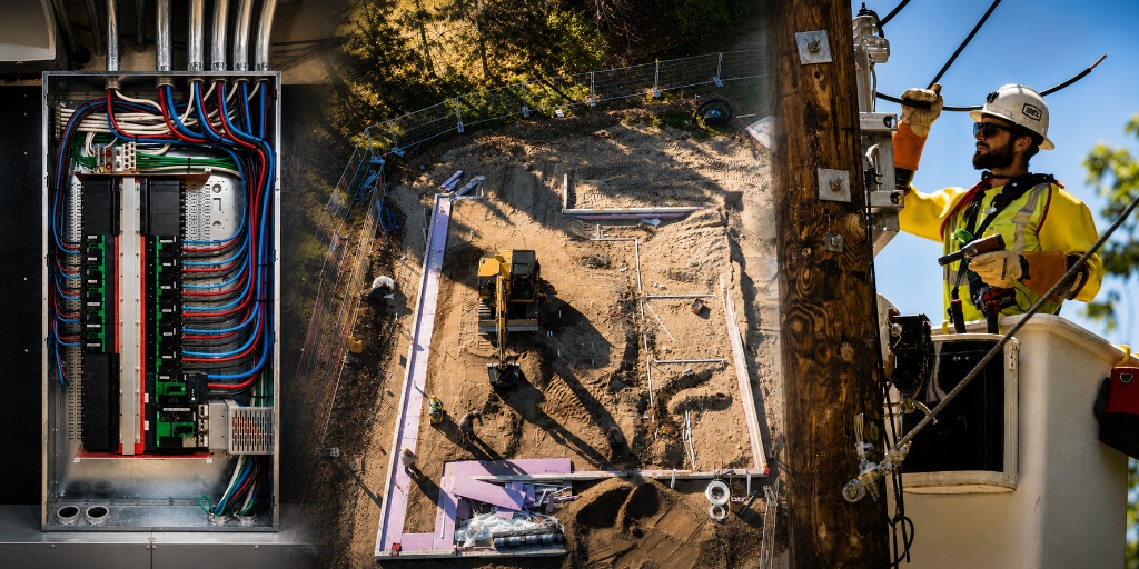 Commercial electrical panel, excavation site work, and utility lineman representing full-scope contractor services